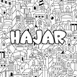 Coloriage prénom HAJAR - décor Ville