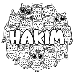Coloriage prénom HAKIM - décor Chouettes