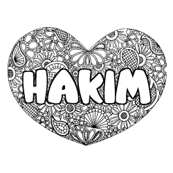 Coloriage pr&eacute;nom HAKIM - d&eacute;cor Mandala coeur