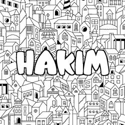 Coloriage prénom HAKIM - décor Ville