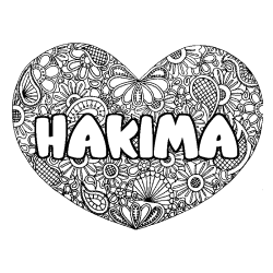 Coloriage pr&eacute;nom HAKIMA - d&eacute;cor Mandala coeur
