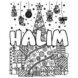 Coloriage prénom HALIM - décor Sapin et Cadeaux
