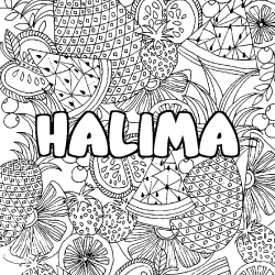 Coloriage prénom HALIMA - décor Mandala fruits