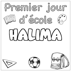 Coloriage prénom HALIMA - décor Premier jour d'école