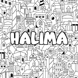 Coloriage prénom HALIMA - décor Ville