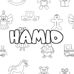 Coloriage pr&eacute;nom HAMID - d&eacute;cor Jouets