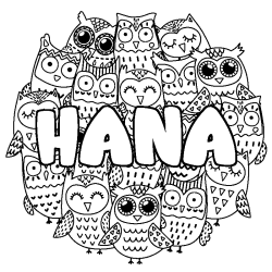 Coloriage prénom HANA - décor Chouettes