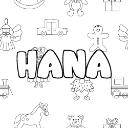 Coloriage pr&eacute;nom HANA - d&eacute;cor Jouets