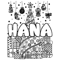 Coloriage pr&eacute;nom HANA - d&eacute;cor Sapin et Cadeaux
