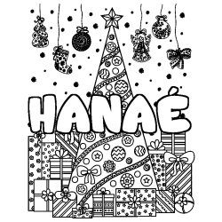 Coloriage pr&eacute;nom HANA&Eacute; - d&eacute;cor Sapin et Cadeaux