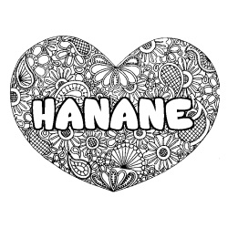 Coloriage prénom HANANE - décor Mandala coeur