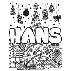 Coloriage prénom HANS - décor Sapin et Cadeaux