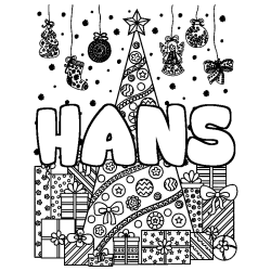 Coloriage pr&eacute;nom HANS - d&eacute;cor Sapin et Cadeaux