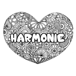Coloriage prénom HARMONIE - décor Mandala coeur