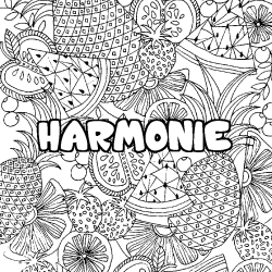 Coloriage prénom HARMONIE - décor Mandala fruits