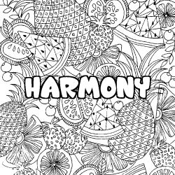 Coloriage prénom HARMONY - décor Mandala fruits