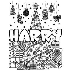 Coloriage pr&eacute;nom HARRY - d&eacute;cor Sapin et Cadeaux