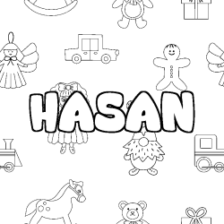Coloriage pr&eacute;nom HASAN - d&eacute;cor Jouets