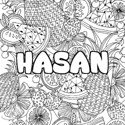 Coloriage pr&eacute;nom HASAN - d&eacute;cor Mandala fruits