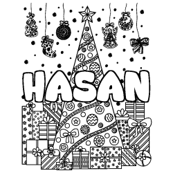 Coloriage prénom HASAN - décor Sapin et Cadeaux