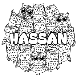 Coloriage prénom HASSAN - décor Chouettes