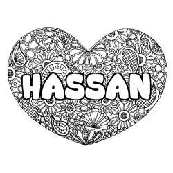 Coloriage prénom HASSAN - décor Mandala coeur