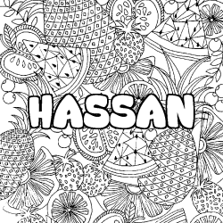 Coloriage pr&eacute;nom HASSAN - d&eacute;cor Mandala fruits