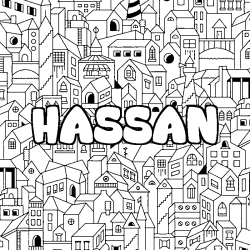 Coloriage prénom HASSAN - décor Ville