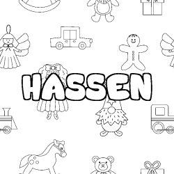 Coloriage pr&eacute;nom HASSEN - d&eacute;cor Jouets
