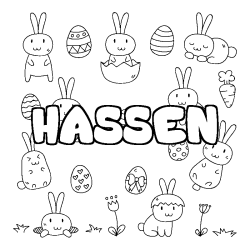 Coloriage pr&eacute;nom HASSEN - d&eacute;cor Paques