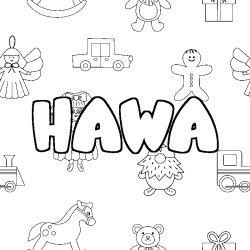 Coloriage prénom HAWA - décor Jouets