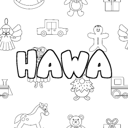 Coloriage pr&eacute;nom HAWA - d&eacute;cor Jouets