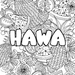 Coloriage pr&eacute;nom HAWA - d&eacute;cor Mandala fruits