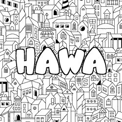 Coloriage pr&eacute;nom HAWA - d&eacute;cor Ville