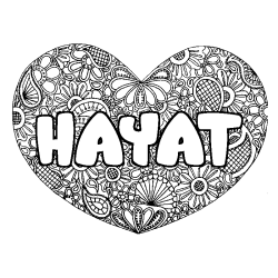 Coloriage prénom HAYAT - décor Mandala coeur