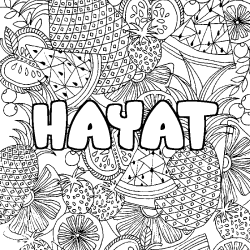 Coloriage prénom HAYAT - décor Mandala fruits