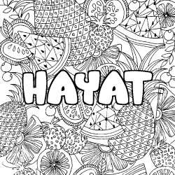 Coloriage pr&eacute;nom HAYAT - d&eacute;cor Mandala fruits