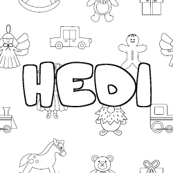 Coloriage pr&eacute;nom HEDI - d&eacute;cor Jouets