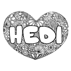Coloriage pr&eacute;nom HEDI - d&eacute;cor Mandala coeur