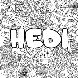 Coloriage pr&eacute;nom HEDI - d&eacute;cor Mandala fruits