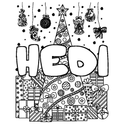 Coloriage pr&eacute;nom HEDI - d&eacute;cor Sapin et Cadeaux