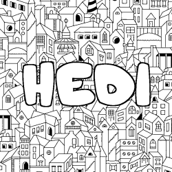 Coloriage pr&eacute;nom HEDI - d&eacute;cor Ville