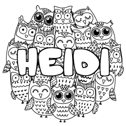 Coloriage pr&eacute;nom HEIDI - d&eacute;cor Chouettes