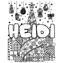 Coloriage pr&eacute;nom HEIDI - d&eacute;cor Sapin et Cadeaux