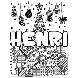Coloriage prénom HENRI - décor Sapin et Cadeaux