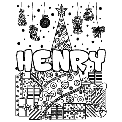 Coloriage pr&eacute;nom HENRY - d&eacute;cor Sapin et Cadeaux