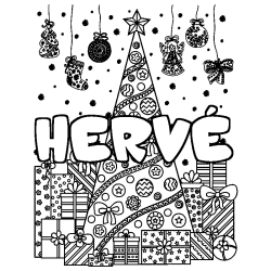 Coloriage prénom HERVÉ - décor Sapin et Cadeaux