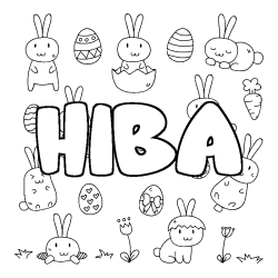 Coloriage prénom HIBA - décor Paques