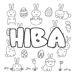 Coloriage pr&eacute;nom HIBA - d&eacute;cor Paques