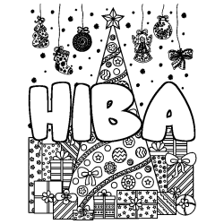 Coloriage prénom HIBA - décor Sapin et Cadeaux